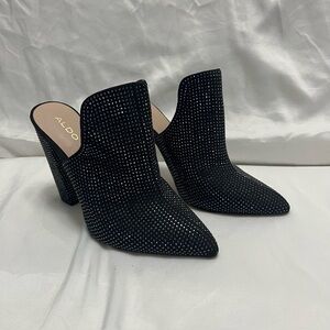 Aldo Rhinestone Crystal Embellished Mules Heels Black 7.5